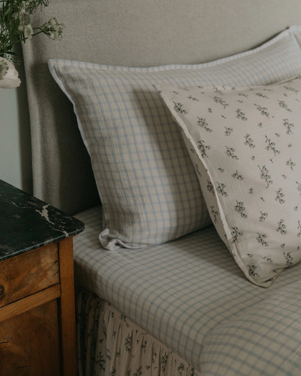 Muslin fitted sheet Gingham Sky Blue