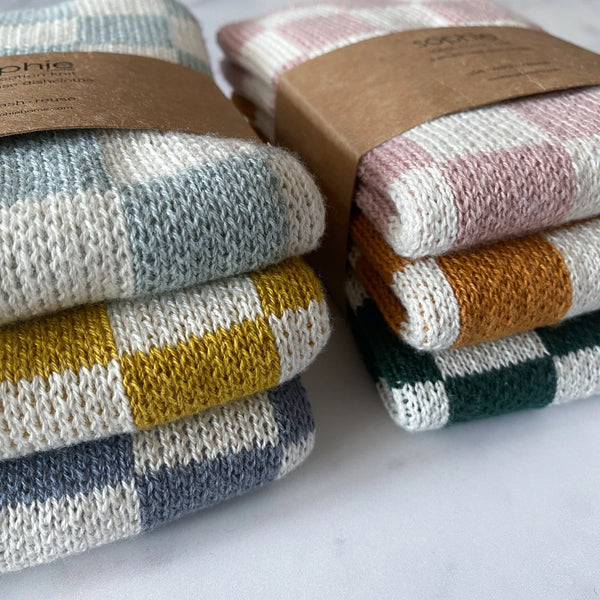 Pack of 3 tea towels cotton knit check aqua