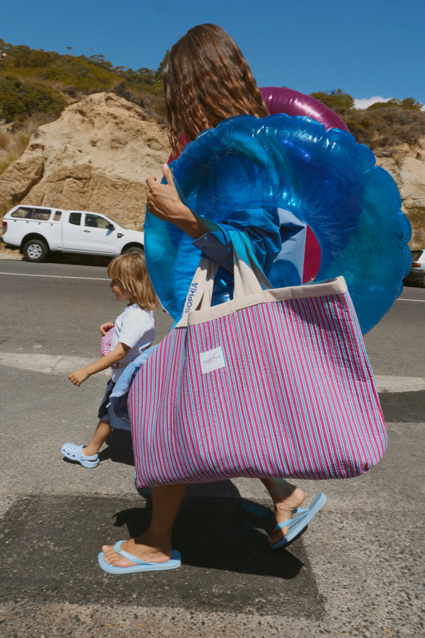 Poplin Striped Beach Bag Raspberry