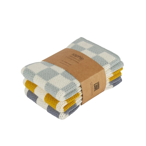 Pack of 3 tea towels cotton knit check aqua