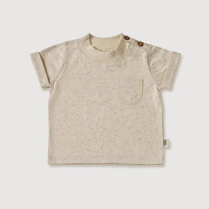 Baby T-Shirt in natural beige, featuring sprinkle knit, buttoned shoulder, and a small pocket.