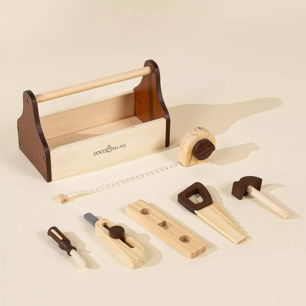 Play set with wooden tools