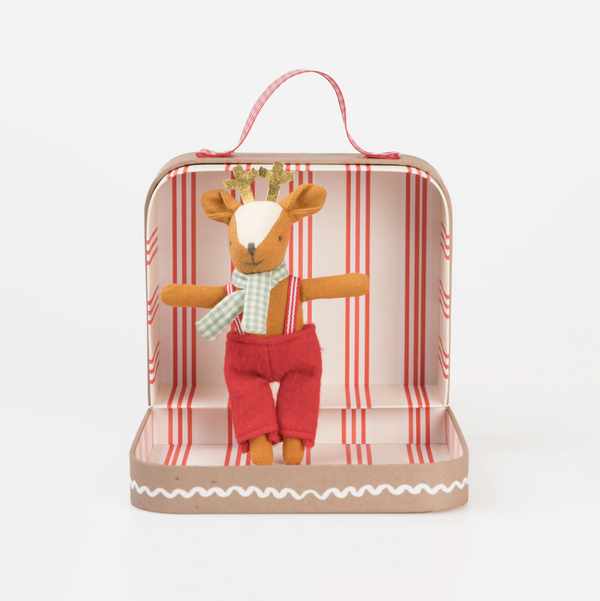 Mini reindeer doll in a suitcase