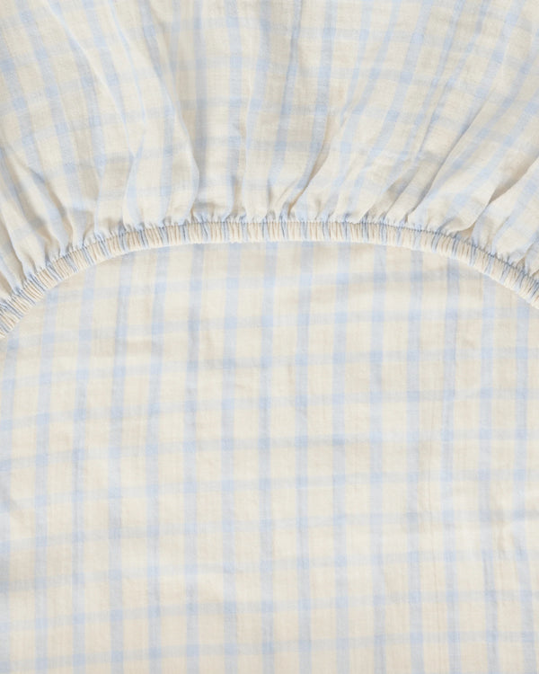 Muslin fitted sheet Gingham Sky Blue