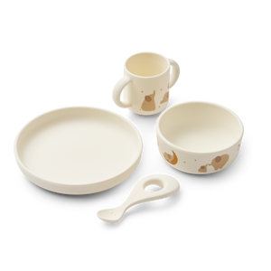 Vivi Geschirr-Set Elephant: 4-teiliges Babygeschirr aus weichem Silikon mit Becher, Schale, Teller und Löffel in tierischem Design.