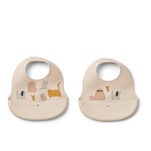 2-pack Ember silicone bibs featuring playful cat and dog prints for mealtime cleanliness.