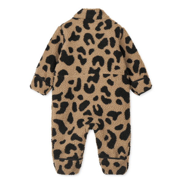 Back view of Nolano Baby Pile Overall in Mega Leo Oat print, soft and warm for cooler days.