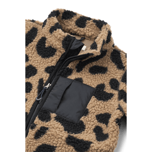 Nolano Baby Pile Overall Mega Leo Oat in cozy leopard print with high collar and zip pocket.