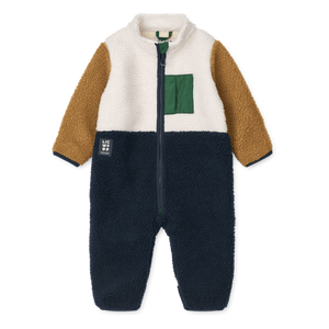 Nolano Baby Pile Overall in Classic Navy Mix, soft and warm for cooler days, featuring recycled polyester.