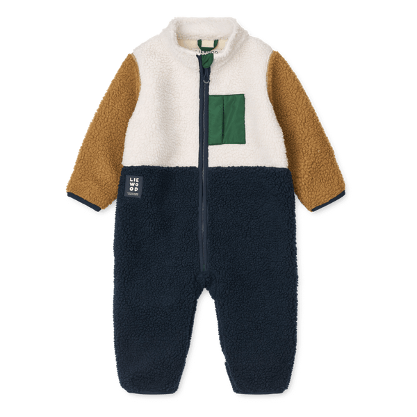 Nolano Baby Pile Overall in Classic Navy Mix, soft and warm for cooler days, featuring recycled polyester.