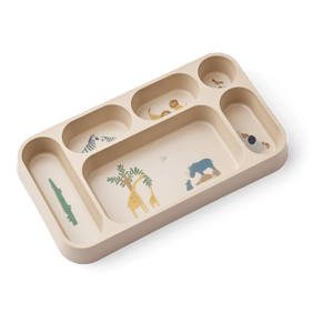 Mosu teller mit 6 fächern und bunten tiermotiven, ideal für kindermahlzeiten und snacks.