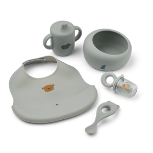 Mileah Baby Mahlzeit-Geschenkset in Dove Blue mit Schüssel, Löffel, Becher und Lätzchen