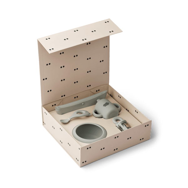 Mileah Baby Mahlzeit-Geschenkset in Dove Blue mit Schüssel, Löffel und Trinklernbecher, ideal für Babys ersten Löffel.