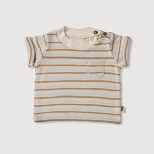 Baby T-Shirt Multi Stripes in soft organic cotton with shoulder buttons and chest pocket for summer comfort.