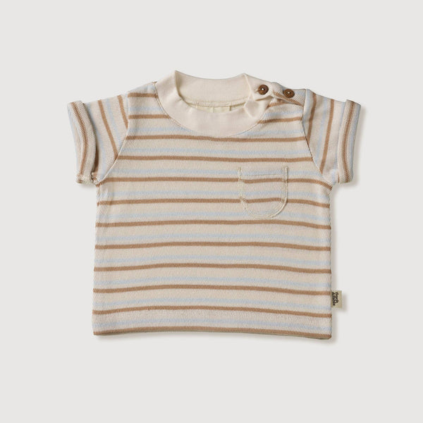 Baby T-Shirt Multi Stripes in soft organic cotton with shoulder buttons and chest pocket for summer comfort.
