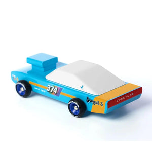 Blauer Holz-Rennwagen Seagull 5 von Candylab, 19 cm lang