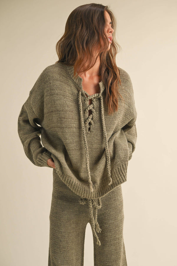 Olive Lace-Up Sweater