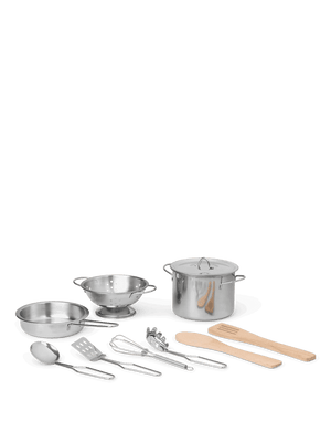 ferm LIVING Toro Spielküchen Zubehör-Set aus Edelstahl und Buchenholz