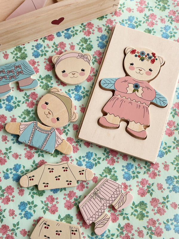Wooden Puzzle Teddy Dress Up Dusty Pink