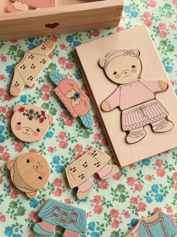 Wooden Puzzle Teddy Dress Up Dusty Pink