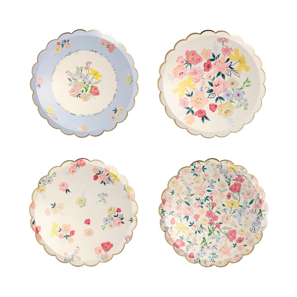 Elegant English Garden-style party plates with floral designs and gold foil details by Meri Meri, perfect for parties and events.