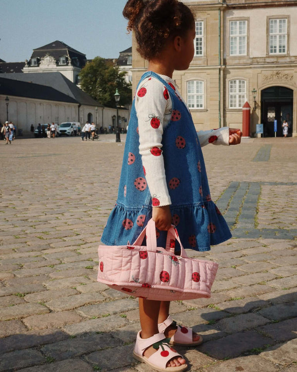 Child in ladybug dress holding pink basket outside historic building.