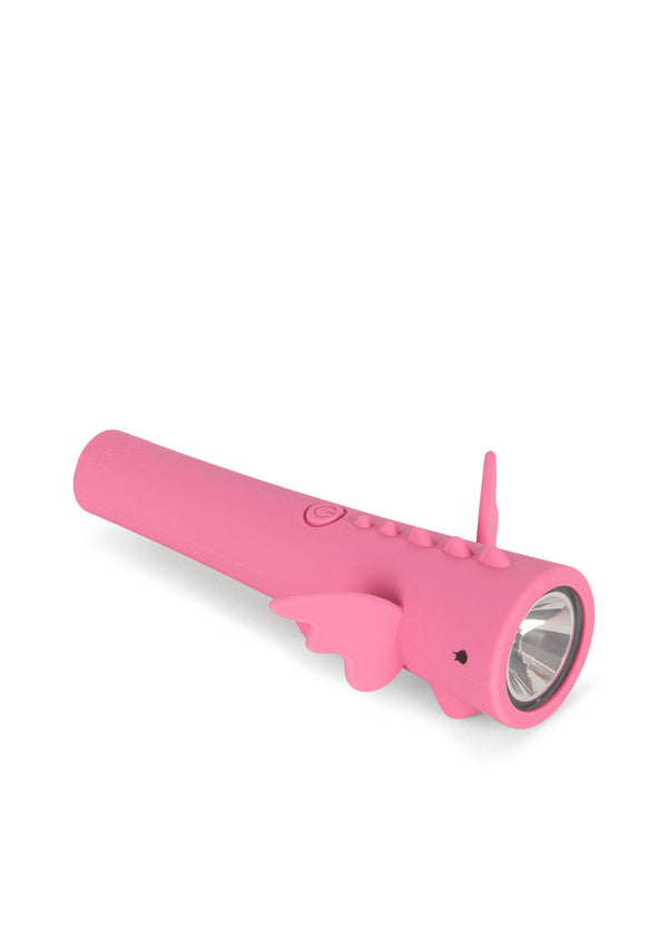 Pink dragon-shaped flashlight for kids, made from 100% silicone, featuring cute wings and a tail. Perfect for adventures.