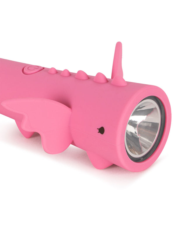 Pink silicone dragon flashlight with wings and spikes for kids' adventurous play. Battery-operated with USB charger included.