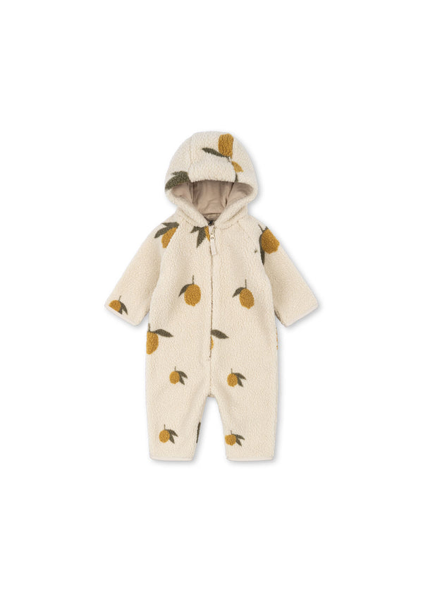 Jody Teddyoverall Mon Grand Citron Sage in beige with lemon prints, featuring a hood and front zipper for babies.