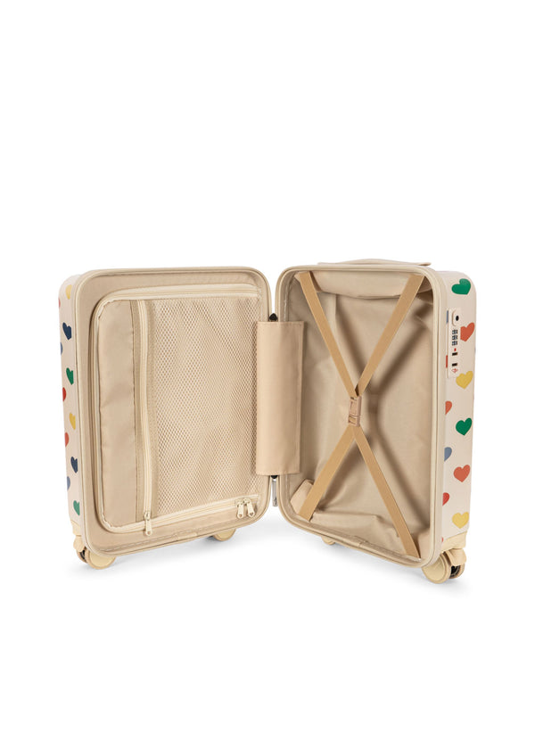 Offenes Reisekoffer Bon Coeur Coloré mit bunten Herzen, praktische Fächer und Bänder für Kinder.