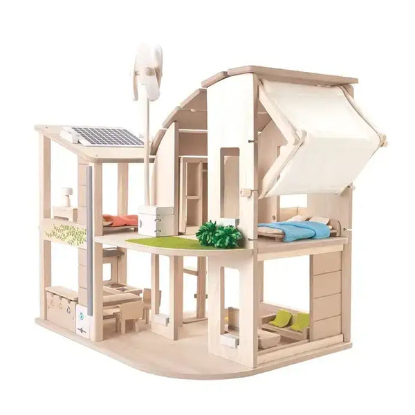PlanToys Puppenhaus Öko-Style aus Holz mit Möbeln und Solarpanel